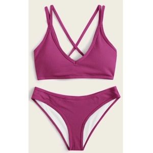 JUST IN!  Ribbed MidRise Strappy Bikini swim magenta pink rib swimsuit swimwear
